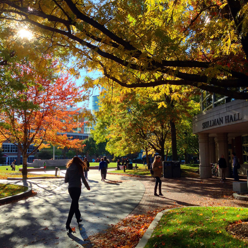 Students walking outside of Shillman Hall. The photo was taken in the fall so the trees have leaves of many colors and there are also leaves on the ground.