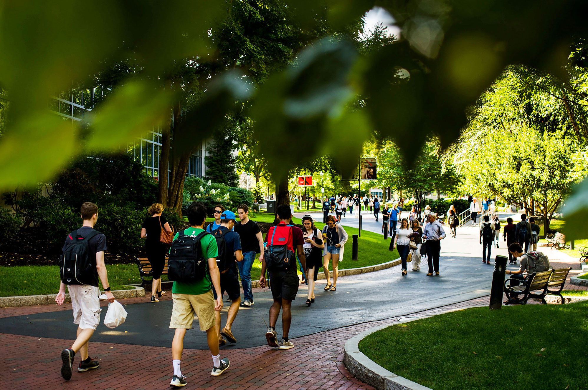 Students walking up and down paths on the Northeastern campus