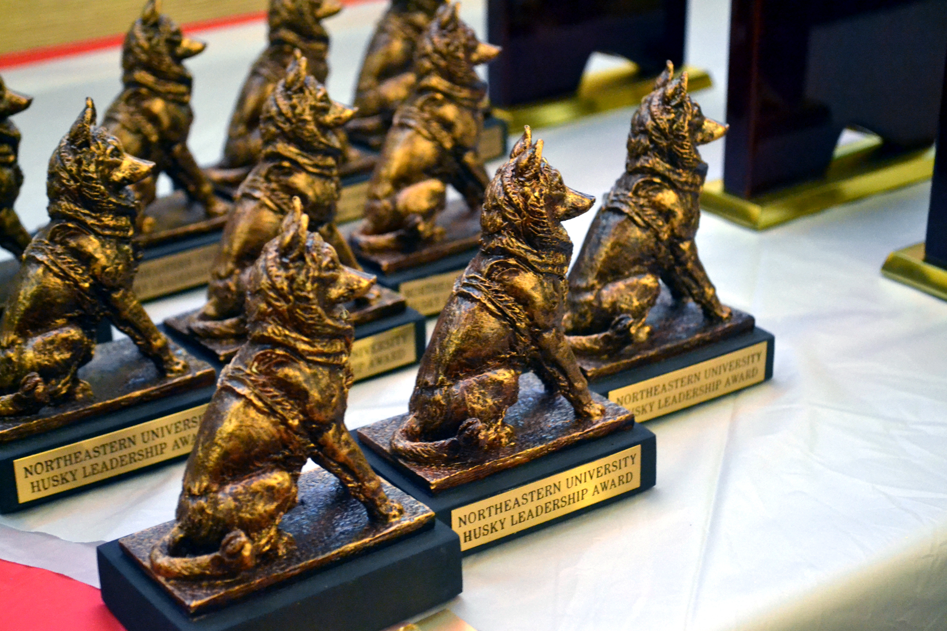 A table with around 10 Student Life awards. The awards have a husky figure on the top, followed by a nameplate